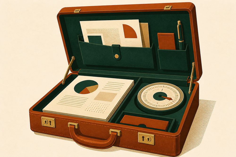 Illustration of an open briefcase containing review documents and a dial-style gauge