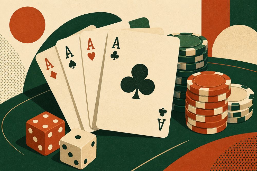 Illustration of playing cards, poker chips and dice arranged on a casino table