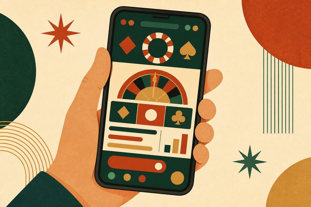 Illustration of a hand holding a smartphone displaying a simplified casino app interface