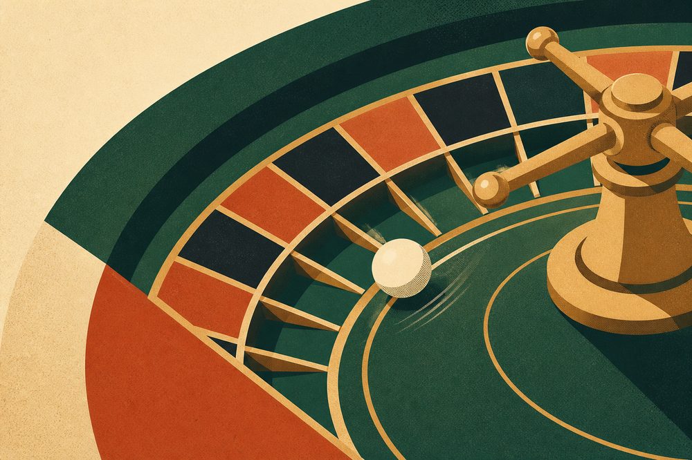 Stylised illustration of a roulette wheel and ball in motion